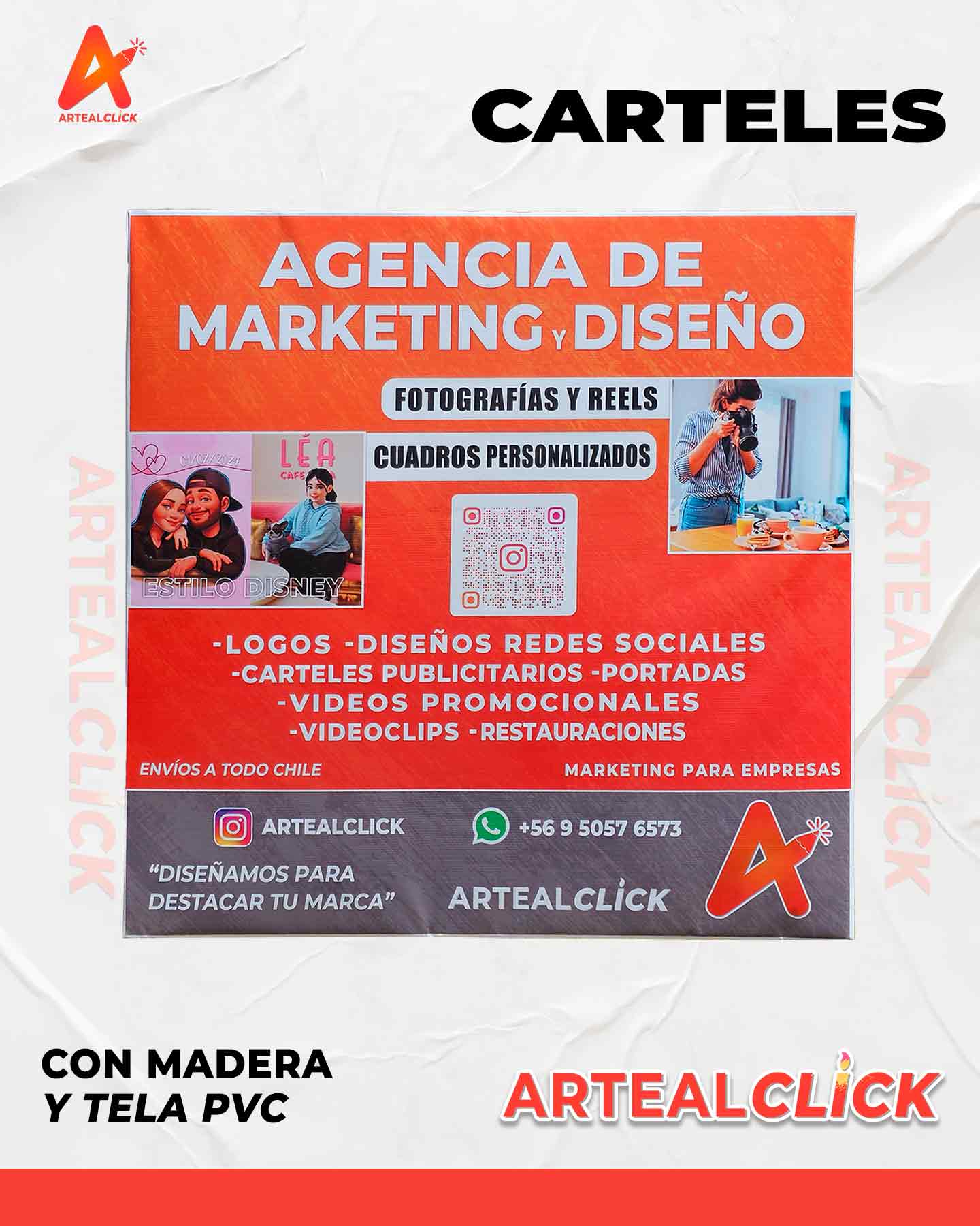 Carteles con madera y tela pvc para Publicidad 50x50cm - ArteAlClick